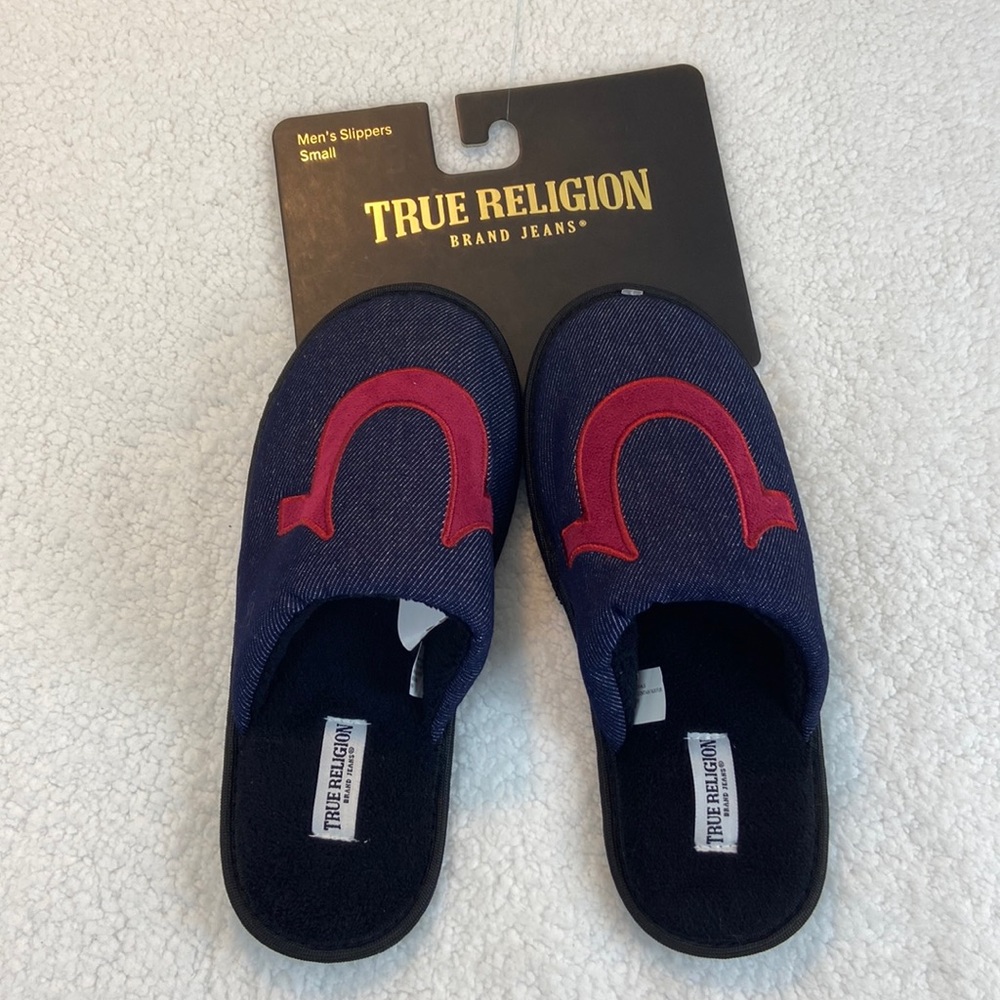 True Religion Men's Slippers Sz 7-8 Small Blue Denim Red Horseshoe Slides New